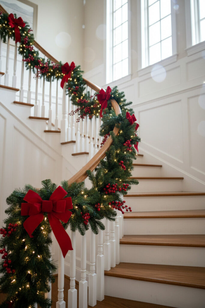 Grand curved stair with classic green garland, velvet red bows, and berries—timeless Christmas Staircase Garland Designs.