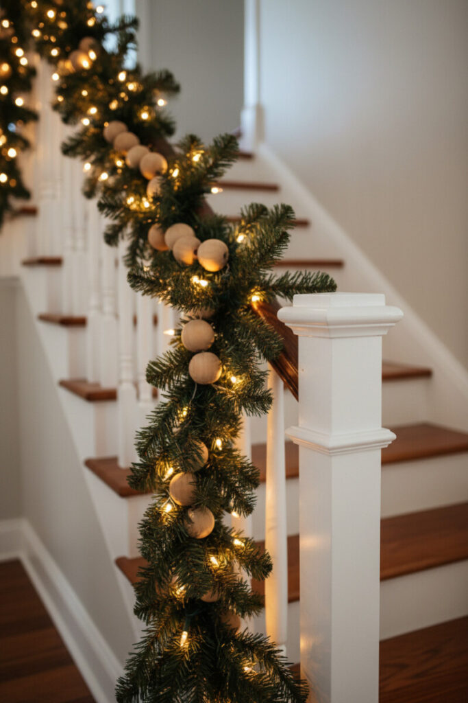 Evergreen with warm lights and natural wood bead strands draped over white banister—subtle cozy farmhouse staircase garland.