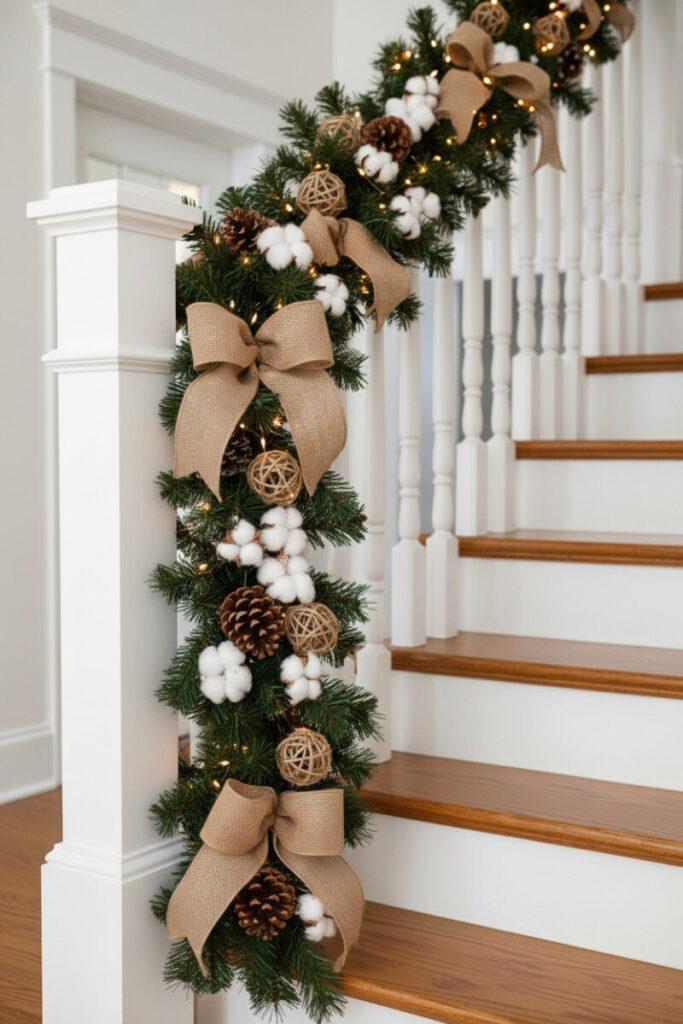 Thick pine garland with cotton bolls, burlap bows, and pinecones on white balusters, golden twinkle lights.