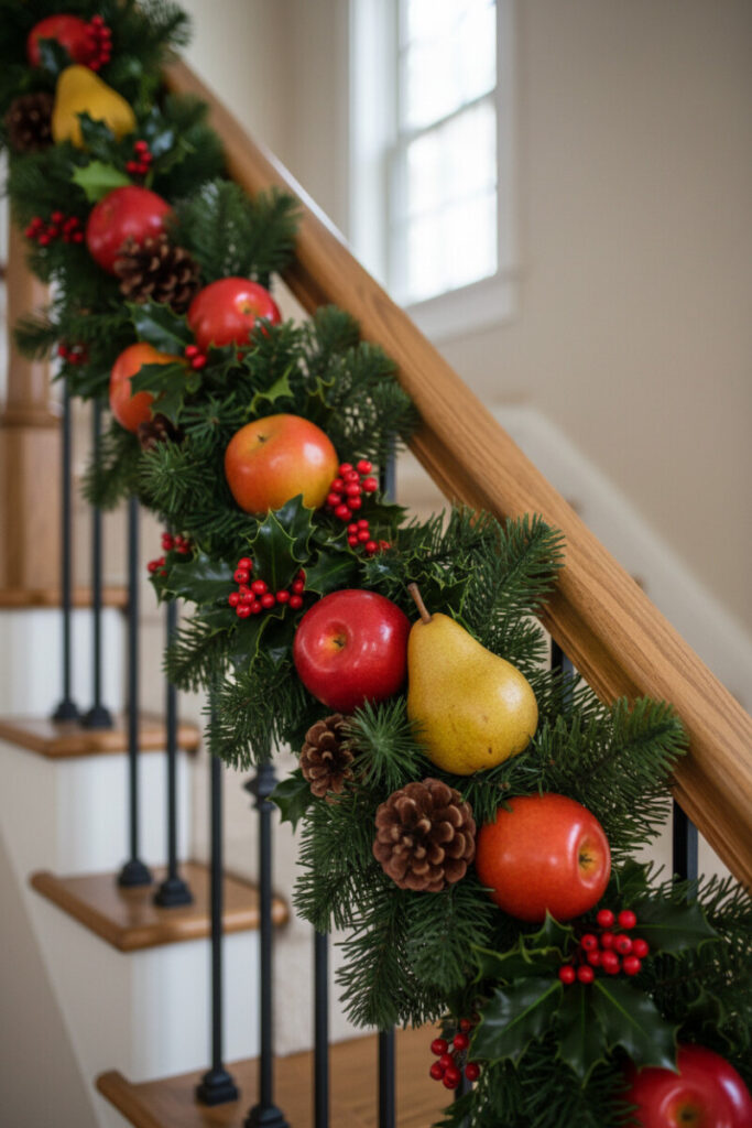 Festive fruit garland of apples, pear, holly, and pinecones on oak rail, soft daylight bokeh.