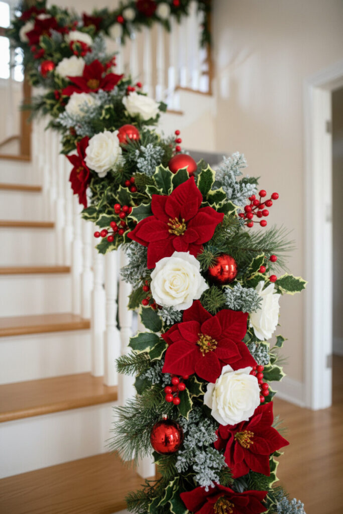 Velvet poinsettias and ivory roses with frosted greens cascading down banister—bright elegant staircase garland ideas.