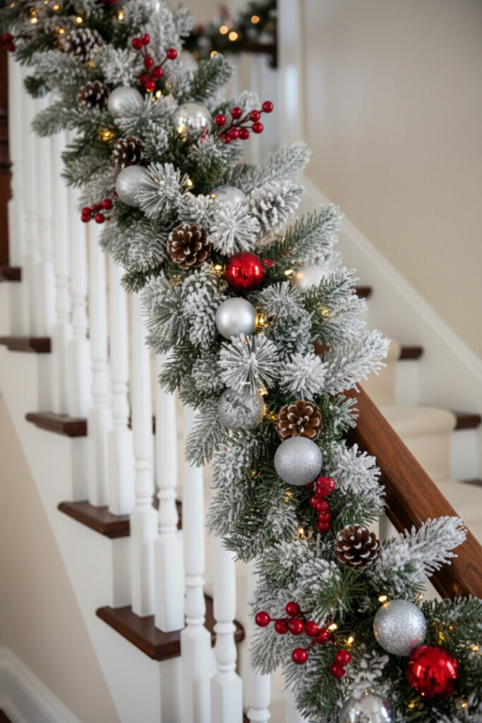 Flocked pine with red berries, silver and white baubles on mahogany rail—snow-kissed holiday staircase decor.