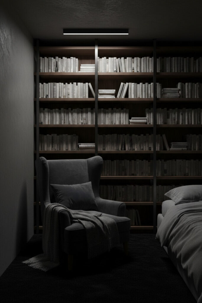 Library-inspired bedroom with floor-to-ceiling walnut shelves, monochrome books, and cool LED reading strip—quiet moody bedroom ideas for contemplative spaces.
