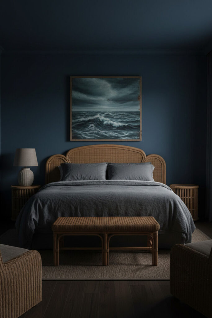 Indigo cocoon with rattan headboard, charcoal linen, and weathered seascape art under a warm ceramic lamp—nature-led moody bedroom ideas.