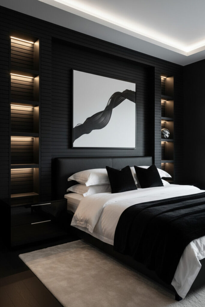 Modern monochrome bedroom with ribbed black wall, warm LED lines, black leather platform bed, and crisp white linens—smart dark bedroom design ideas for small rooms.