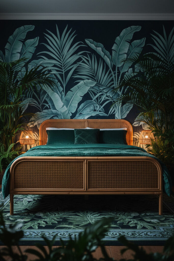 Tropical nightscape mural with oversized palms, rattan frame, emerald bedding, and woven lamps—escapist moody bedroom ideas with organic texture.