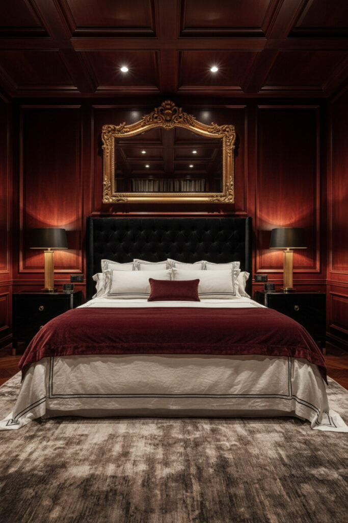 Oxblood and mahogany paneled room with black headboard, brass lamps, and ivory linens—sumptuous luxury bedroom decor in deep hues.