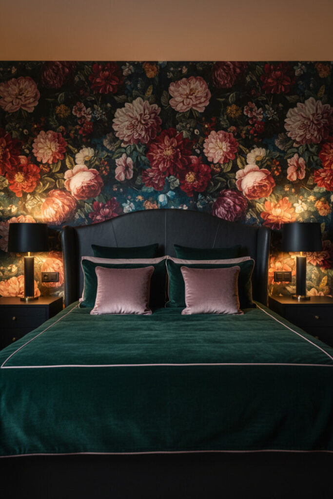 Dutch Masters floral mural behind curved leather headboard with hunter green velvet bedding—painterly Dark Bedroom Designs with intimate lighting.