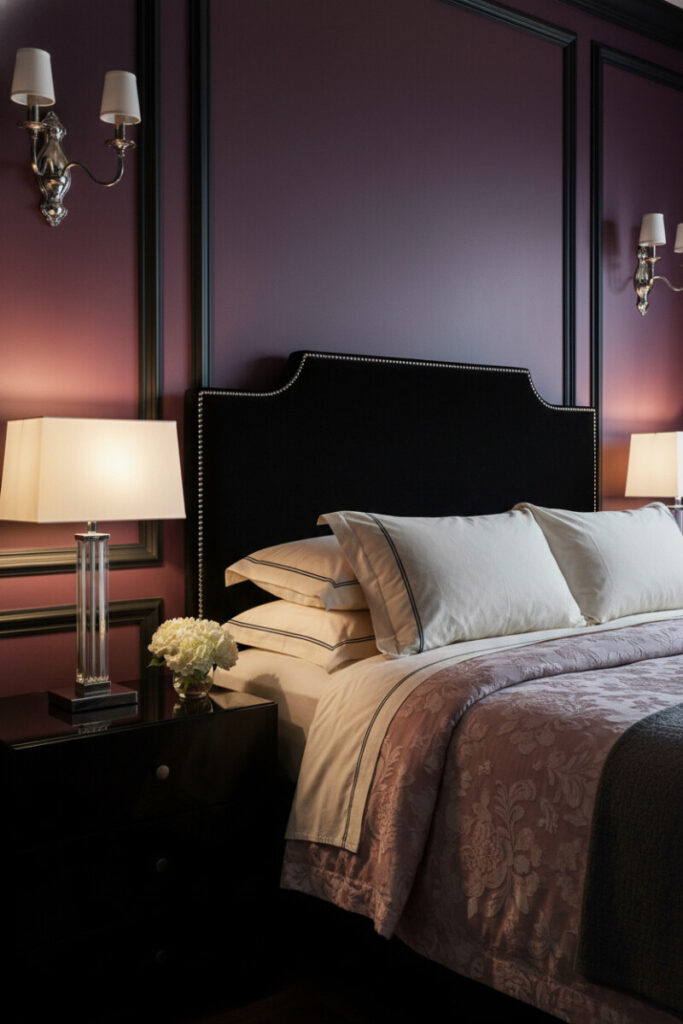 Plum paneled bedroom with black velvet headboard, dusty rose damask, and silver sconces—layered plan for how to light a dark bedroom without windows.