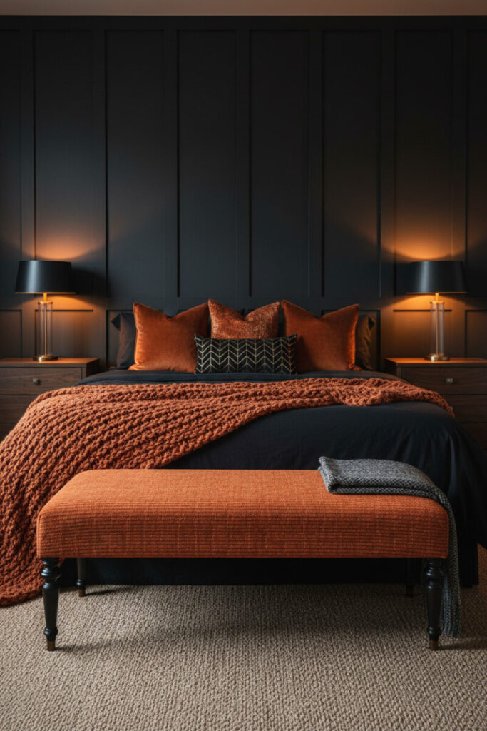 Matte black paneled accent wall with rust knit throw, rust velvet pillows, and dark-shaded lamps—autumnal moody bedroom ideas with warm highlights.