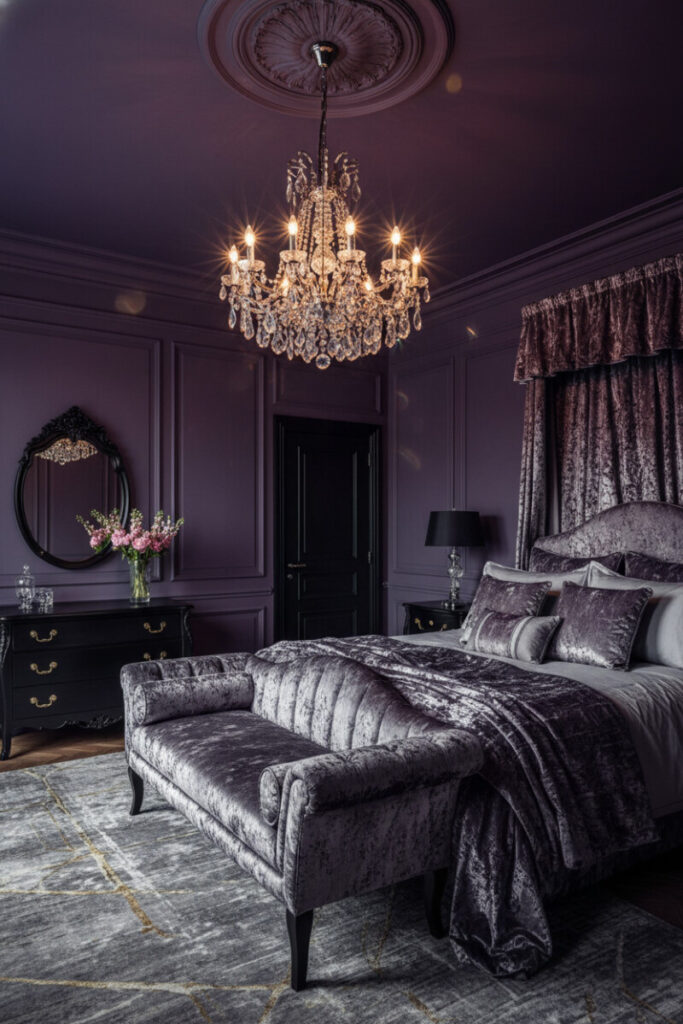 Regal eggplant bedroom with four-poster bed, crushed velvet textiles, and crystal chandelier—statement luxury bedroom decor with chiaroscuro.