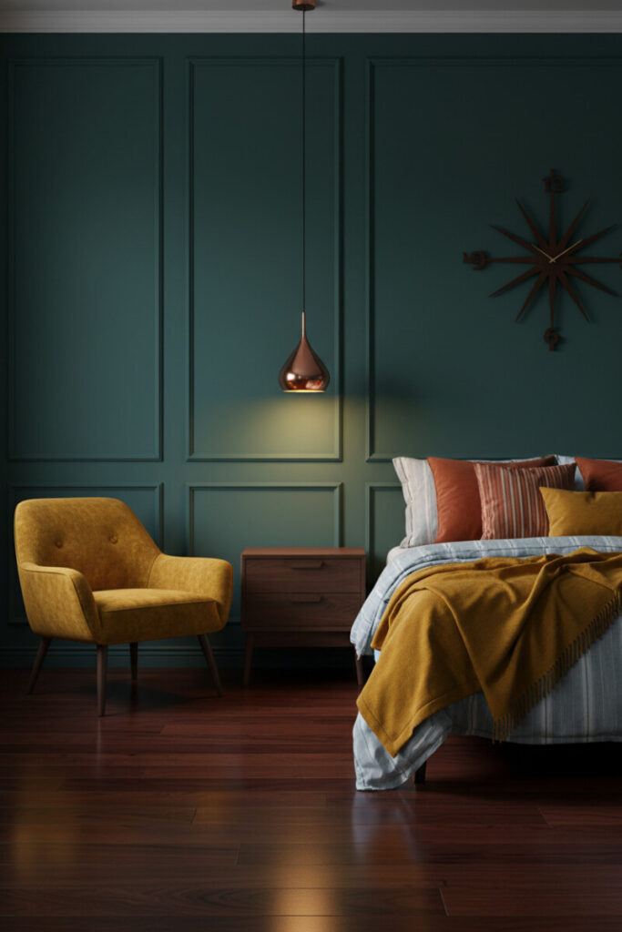 Retro noir teal room with copper pendant spotlight, mustard velvet armchair, and terracotta accents—cinematic moody bedroom ideas in mid-century tones.