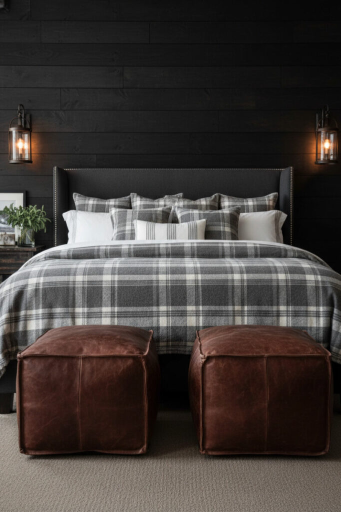 Charcoal shiplap refuge with studded headboard, faux candle lanterns, and flannel tartan duvet—cozy dark bedroom design ideas for small rooms.