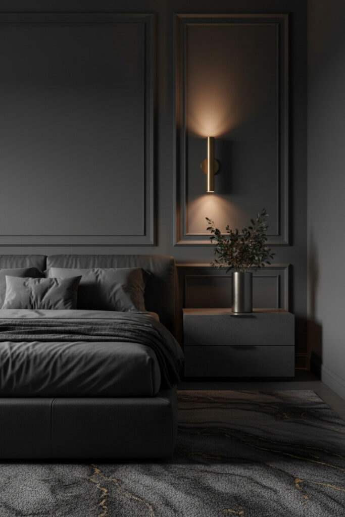 Charcoal paneled wall with brushed brass cylindrical sconces, dark leather bed, and marbled rug—refined approach to how to light a dark bedroom without windows.