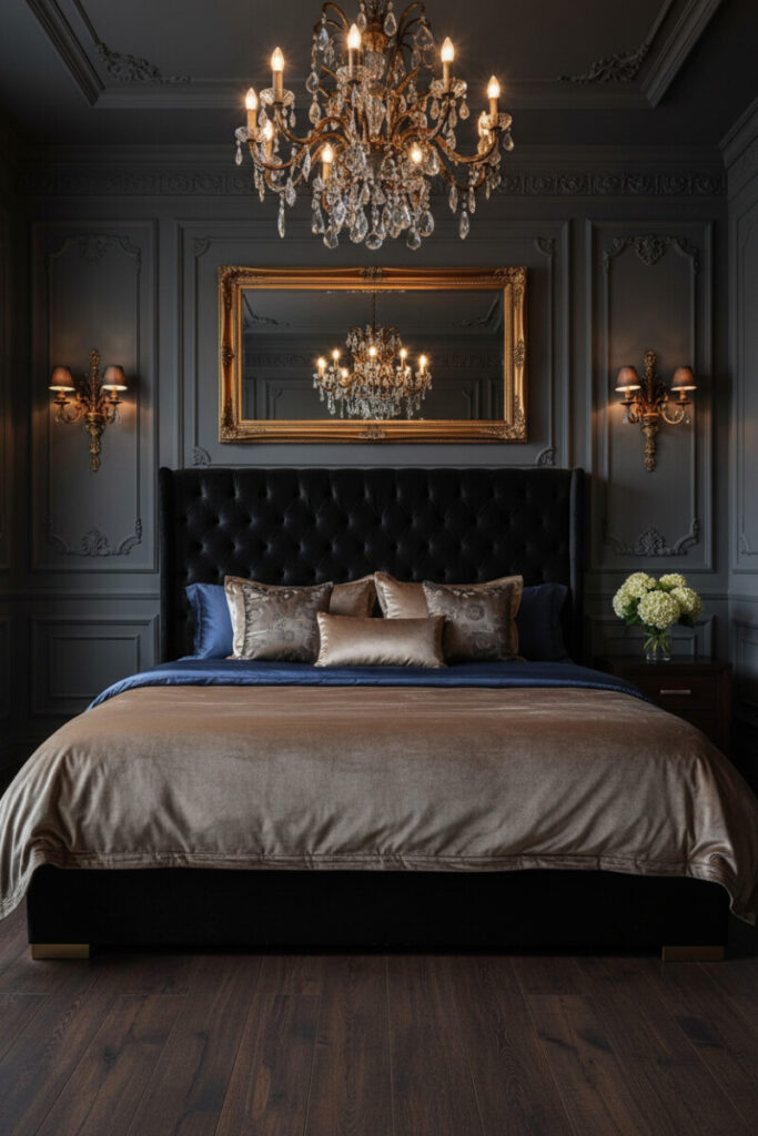 Neoclassical charcoal boiserie with tufted black velvet headboard, champagne-gold comforter, and antique gold chandelier—glowing luxury bedroom decor.