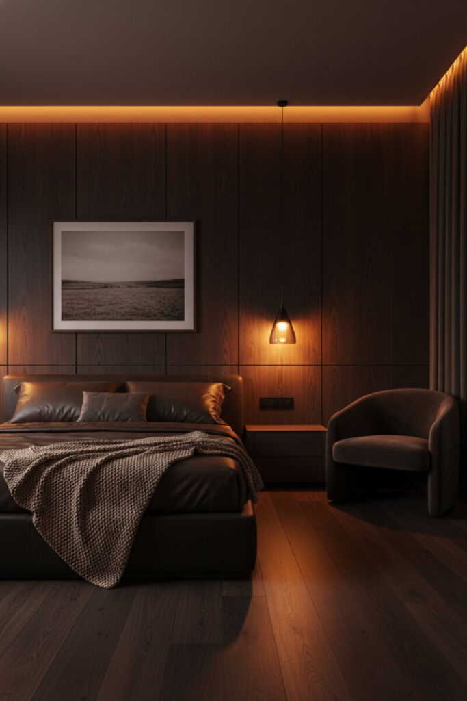 Espresso wood-paneled wall with chocolate leather bed, umber satin bedding, and camel knit throw—textural Dark Bedroom Designs with upward lamp wash.
