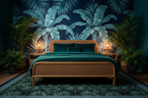 Tropical nightscape mural with oversized palms, rattan frame, emerald bedding, and woven lamps—escapist moody bedroom ideas with organic texture.