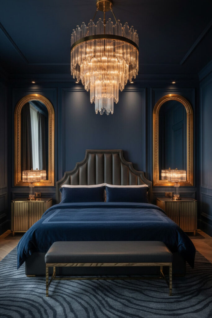 Art Deco master with navy paneled walls, brass waterfall chandelier, arched mirrors, and navy velvet bed—timeless luxury bedroom decor in a moody palette.
