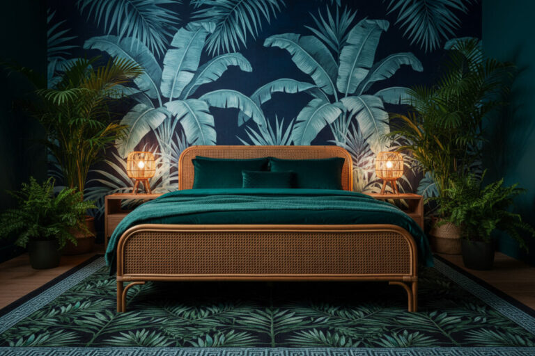 Tropical nightscape mural with oversized palms, rattan frame, emerald bedding, and woven lamps—escapist moody bedroom ideas with organic texture.