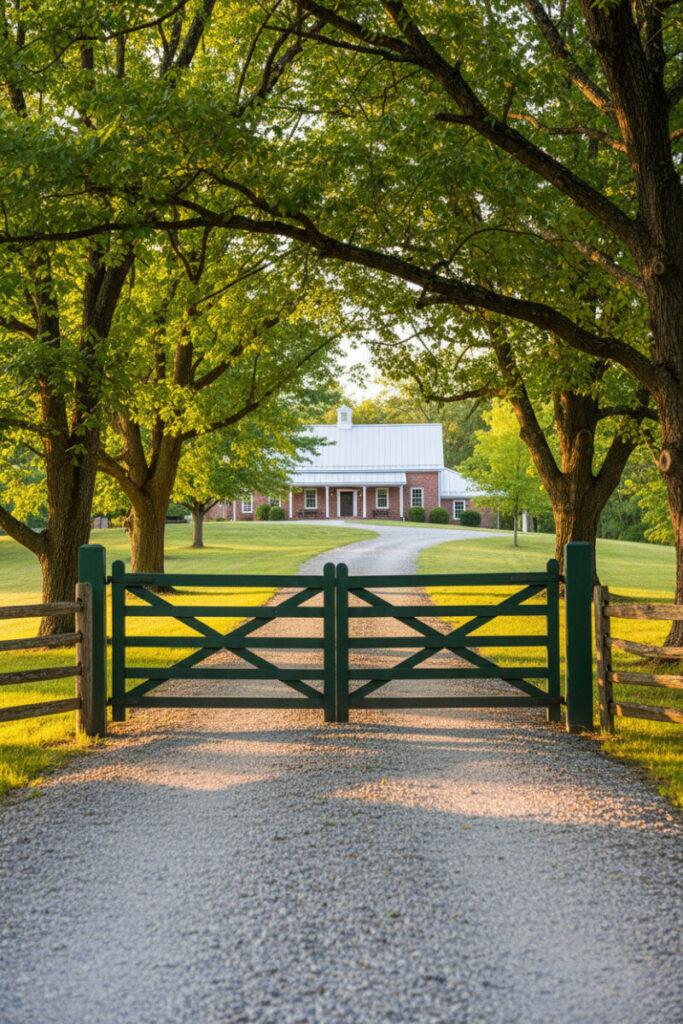 Deep green X-brace driveway gate with split-rail fencing and crushed gravel—nature-blended Farmhouse Driveway Entrance Ideas.