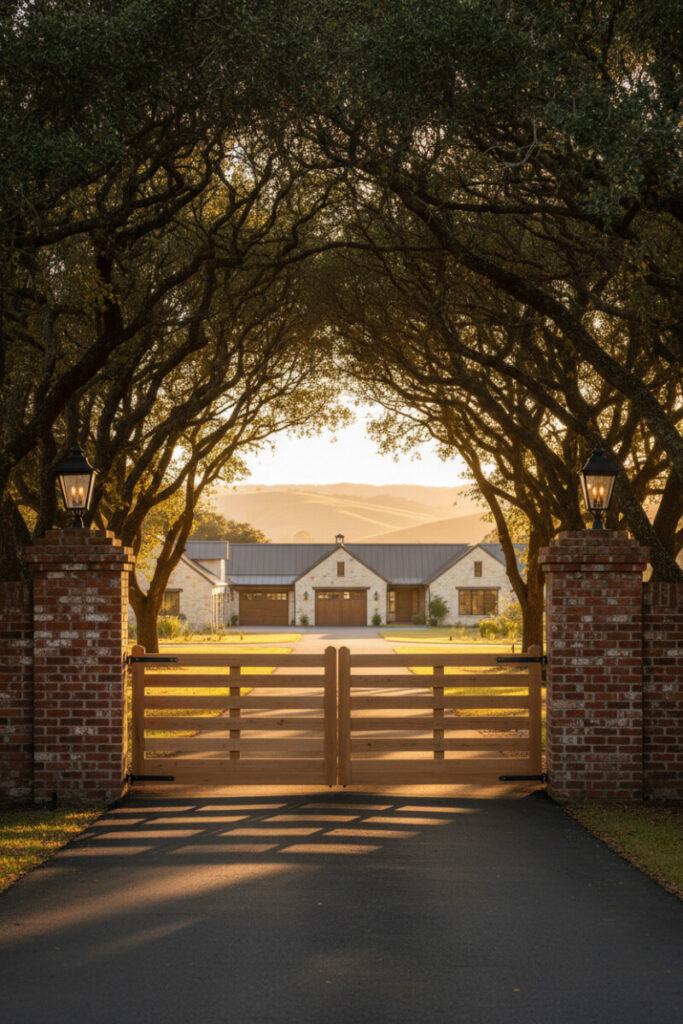 Horizontal plank wood gates between terracotta brick posts, lanterns and sun-streaked asphalt—warm, textural farmhouse gate designs.