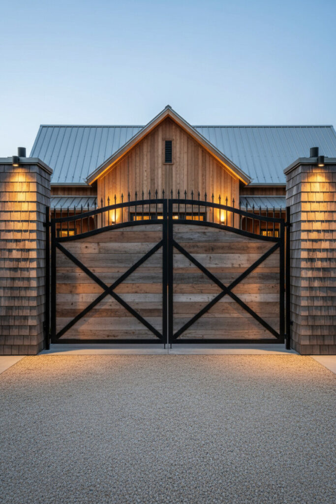 Reclaimed wood gates in matte steel frame with cedar-shingle pillars over light aggregate—character-rich rustic farmhouse driveway entrance.