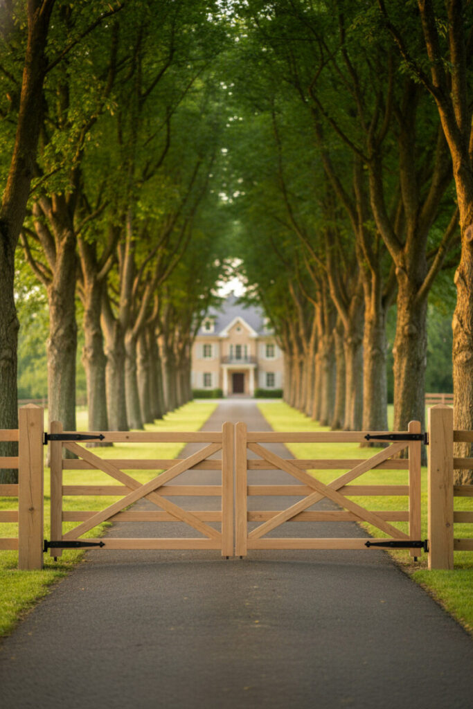 Honey-blonde double gate on sturdy wooden posts with allee of trees, asphalt approach—handcrafted farmhouse gate designs.