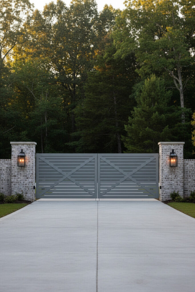 Matte dove-gray slatted aluminum double gate with light brick pillars, lanterns, and smooth concrete apron—polished modern farmhouse driveway gate ideas.