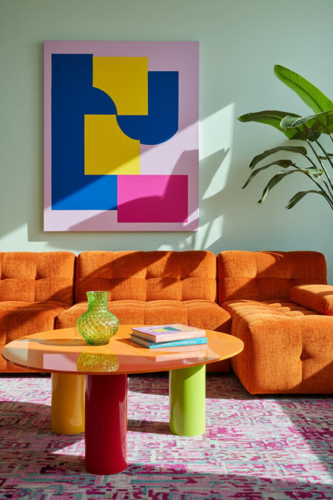 Tangerine velvet sectional with glossy multicolor cylinder-leg coffee table and mint wall art—Funky Living Room Ideas captured in bright afternoon light.