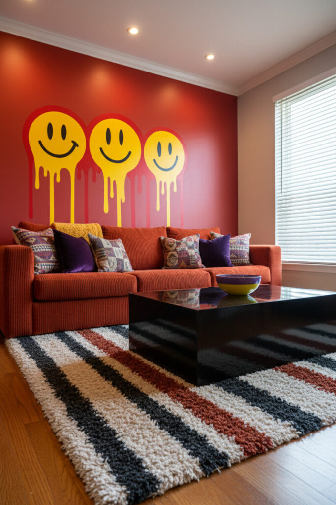Vermillion wall with dripping smiley mural, corduroy sofa, and striped shag rug—playful pop-art take on Funky Living Room Ideas.