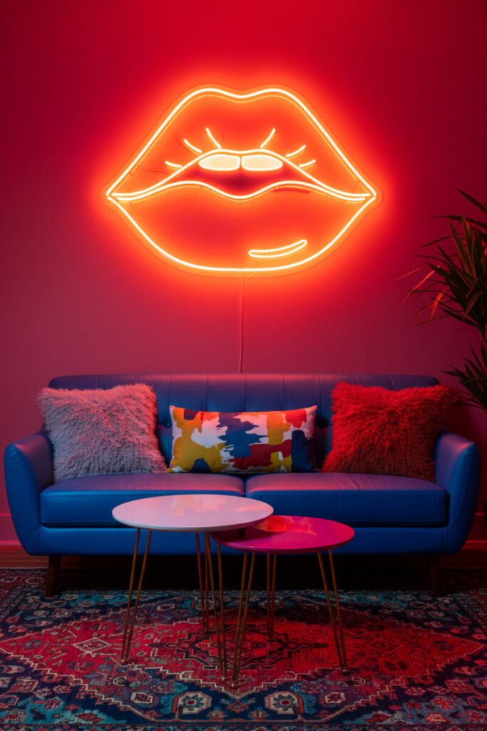 Hot-pink wall with neon lips over royal-blue vinyl sofa and jewel-tone rug—retro living room decor with neon glow.