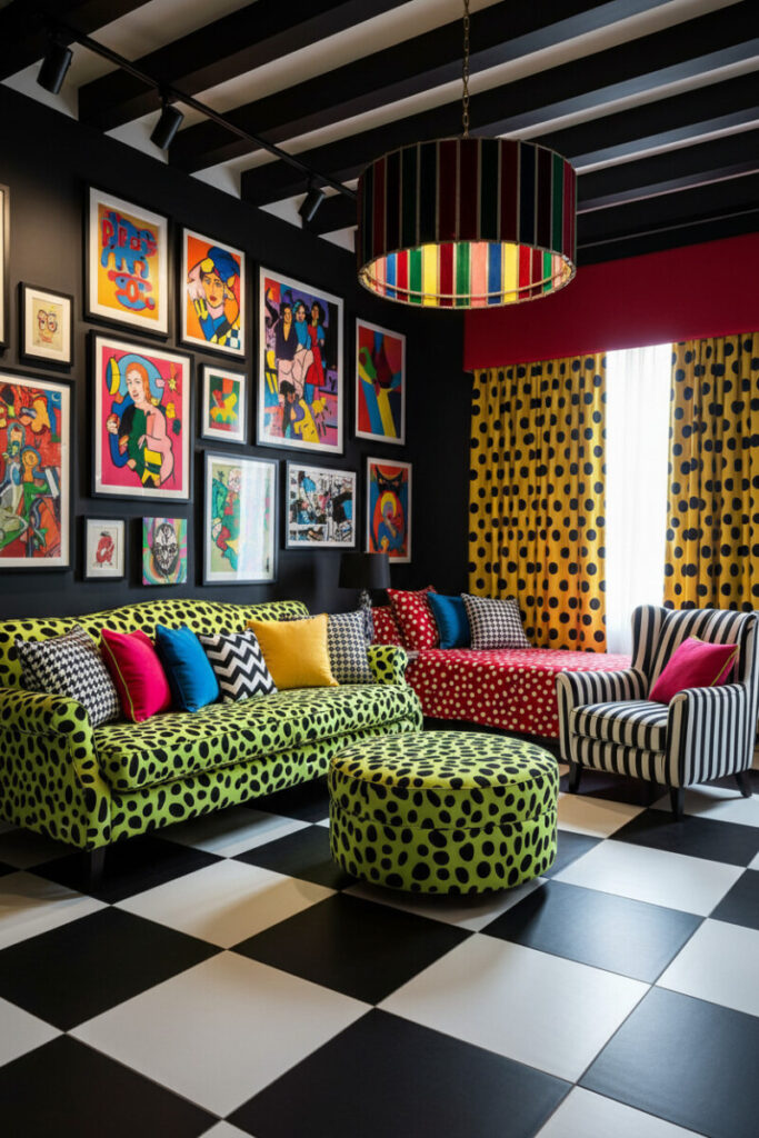 Checkerboard floor, lime-spot sofa, striped chair, and polka-dot drapes—pattern party in a confident maximalist living room.