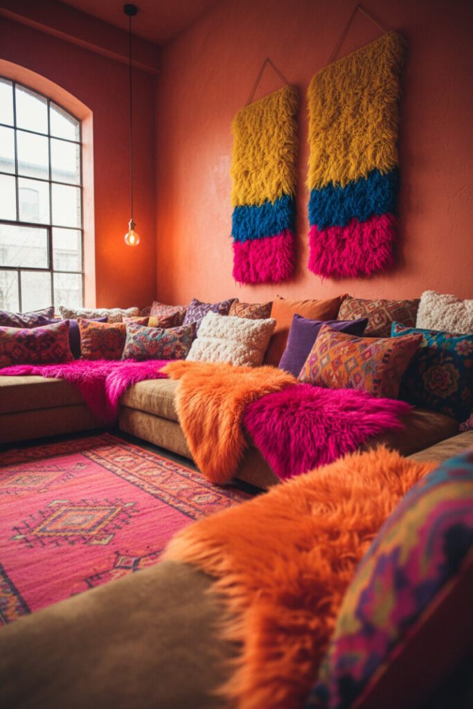 Earth-tone modular sofa buried in neon faux furs and textured pillows—cozy maximalist living room with fiber-art tapestries.