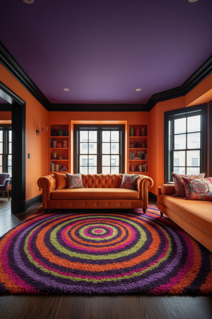 Orange velvet Chesterfield on psychedelic concentric-circle rug—Plush & Vibrant scene for Funky Living Room Ideas.