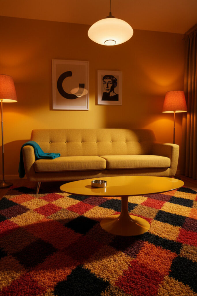 Goldenrod walls, mustard sofa, boomerang table, and diamond shag rug—retro living room decor with graphic gallery wall.