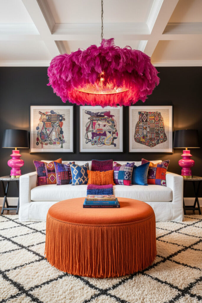 Burnt-orange fringed ottoman beneath magenta feather pendant, Moroccan rug, and jewel-tone pillows—statement lighting in a maximalist living room.