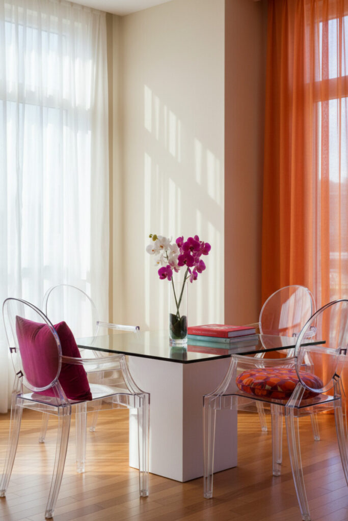 Glass table on white plinth with acrylic ghost chairs and magenta pillow—transparent chic and funky living room ideas for small spaces.