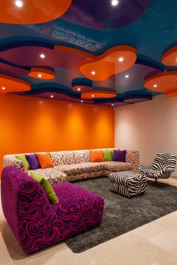 Wavy primary-color ceiling over plush beanbag seating, zebra chair, and dark shag rug—playful unique seating zone.