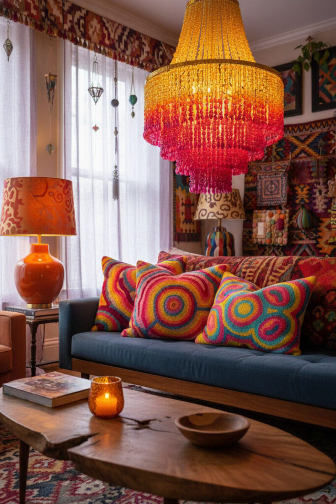 Saffron-to-magenta beaded chandelier over slate-blue sofa with punch-needle pillows in a cozy maximalist living room.