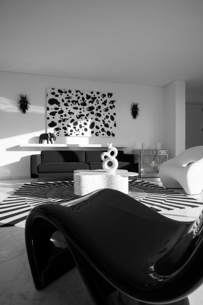 Monochrome black-and-white lounge with sculptural fiberglass chair, abstract ceramic, and swirling rug—whimsical modern sculptures.