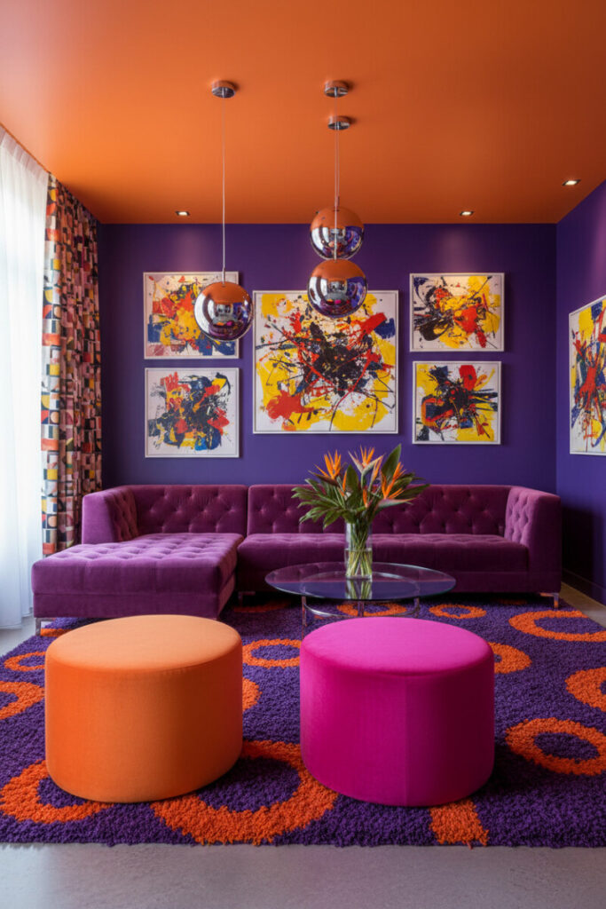Royal-purple lounge with orange ceiling, shag rug, and chrome sphere pendants—retro living room decor with gallery art.