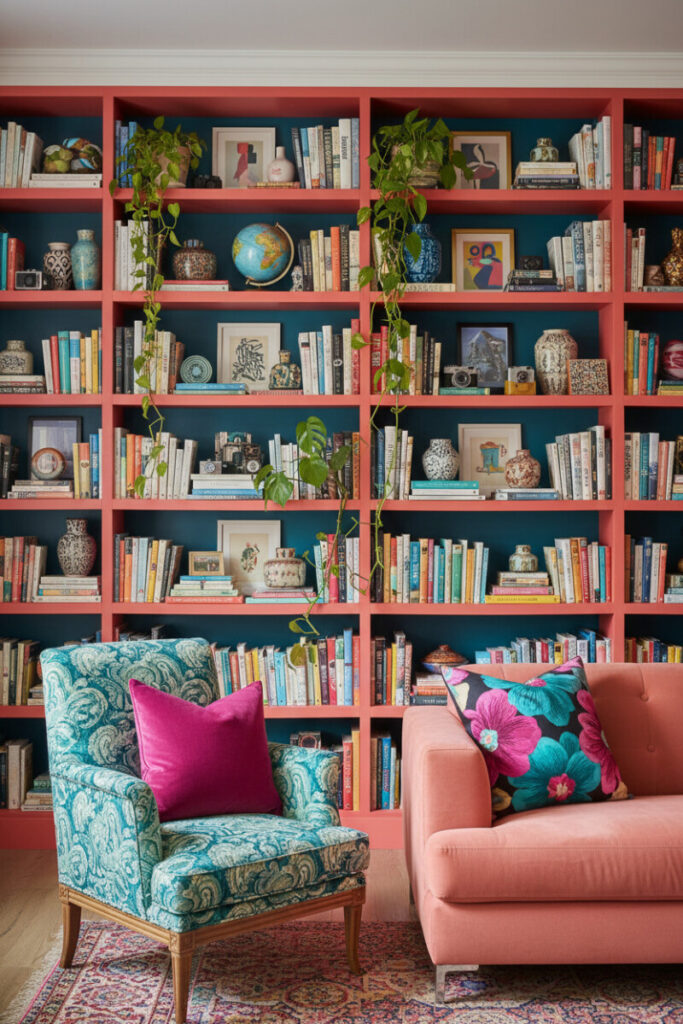 Coral-pink bookcase with teal backs, bohemian armchair, and salmon sofa—how to style a maximalist living room with color-blocked shelving.