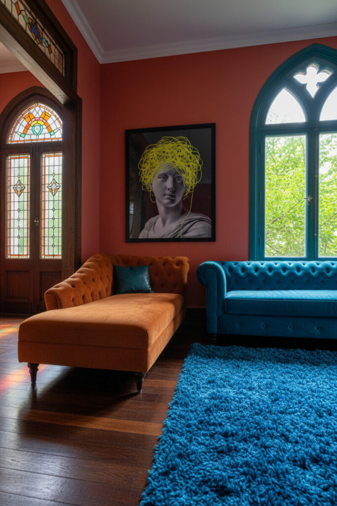 Terracotta wall, burnt-orange chaise, peacock blue sofa, and stained-glass windows—moody eclectic maximalist living room.