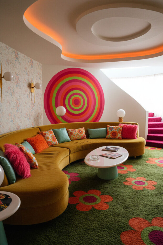 Goldenrod corduroy sectional on moss-green floral shag with biomorphic table—retro living room decor in warm cove lighting.