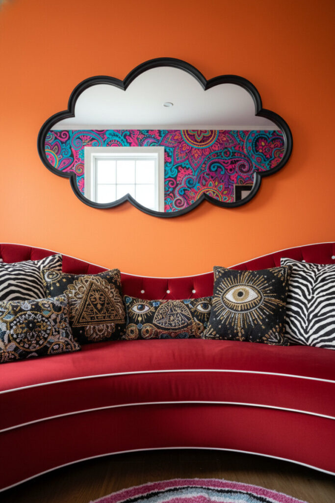 Tangerine wall, crimson tufted sofa, zebra pillows, and glossy black organic mirror—Funky Living Room Ideas with punchy reflections.