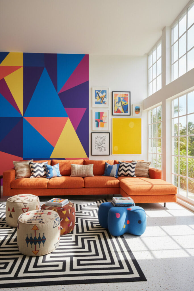 Mandarin sectional beneath geometric mural and Greek key rug—sunlit Geometric Vibe for Funky Living Room Ideas.