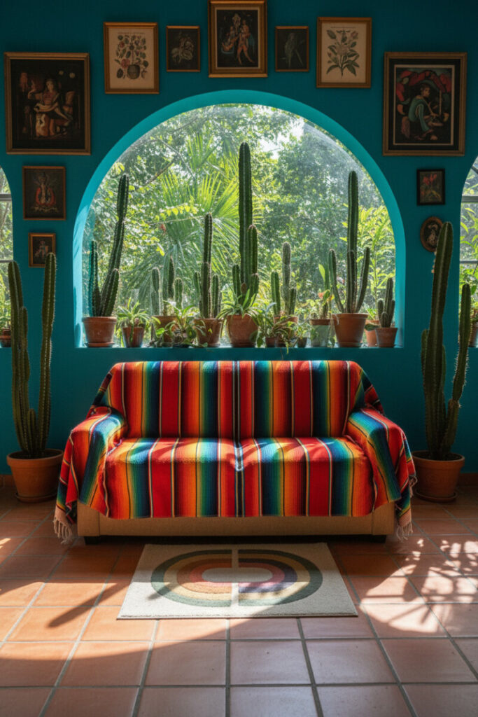 Teal room with rainbow-stripe sofa, cacti, and arched window—indoor jungle and funky living room ideas for small spaces.