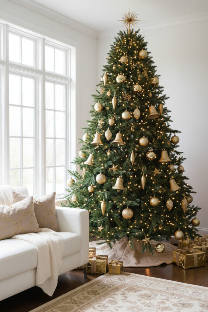 Lush emerald tree with Antique Gold Bell ornaments, matte and shiny baubles, starburst topper, warm micro-LEDs—elegant Gold Christmas Tree Decorations in bright living room.