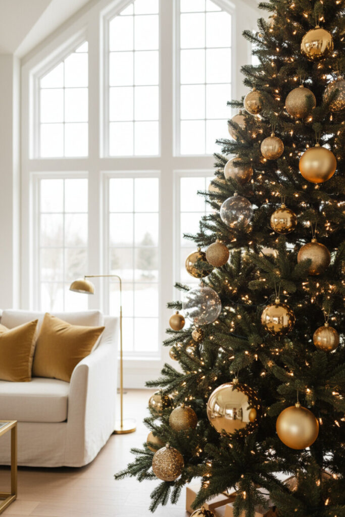 Close view of deep-green pine decked with clear golden glass ornaments and delicate amber string lights beside tall windows.