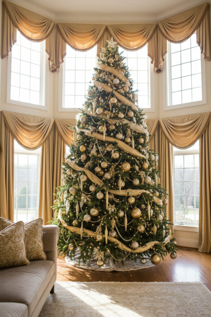 High-ceiling room with gold icicle ornaments catching intense daylight, satin ribbon and beaded garlands shimmering on lush fir.